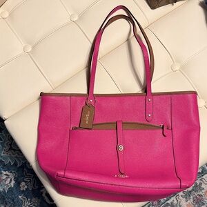 Coach Hot Pink Leather Tote with Brown Trim